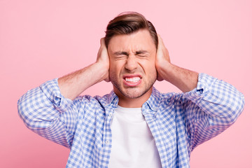 Close up photo of attractive but struggling he him his man enduring terrible pain head covered with...