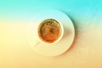 Coffee cup and saucer on a white background. Toning. copy space.