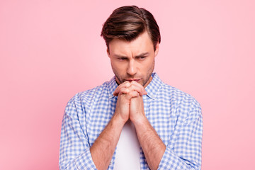 Close up photo of attractive brunet serious facial expression he him his man arms fingers  together...