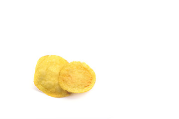 Two potato chips isolated on white background.