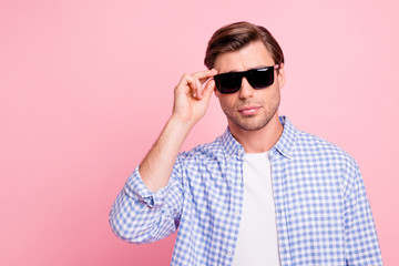 Close up photo of beautiful amazing brunet he him his handsome james bond lady lover concept wearing specs casual checkered plaid shirt outfit isolated on rose background - obrazy, fototapety, plakaty