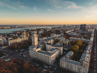 Fototapeta premium Aerial Voronezh panorama in autumn sunset. South-Eastern Railway Building with tower - symbol of Voronezh