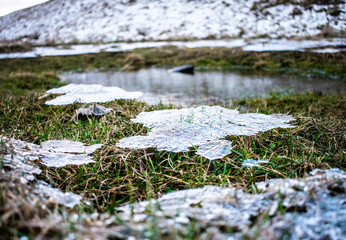 Frozen ice sitting on Grass