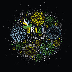 Brazil carnival party greeting card, invitation. Set of hand drawn green, yellow and blue fireworks, stars and sparks with hand-lettered text, black background. Celebration concept. Modern vector.