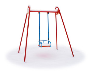 Snow covered child's swing, isolated on a white background