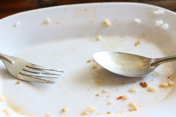 dish with fork and spoon empty after eat.