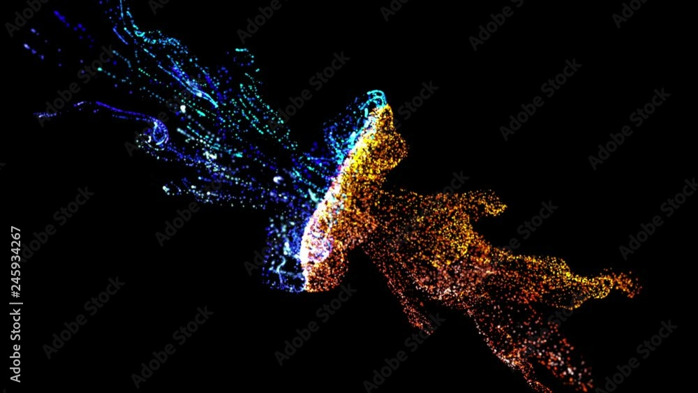 Poster collision of two streams of particles in 4k. ink effect advection. glitter in stream of invisible in