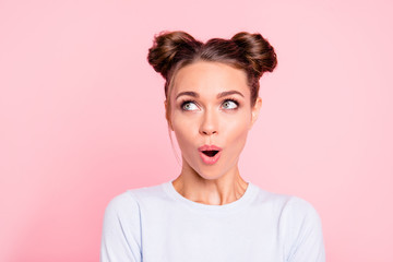 Close-up portrait of her she nice attractive lovable cute winsome cheerful amazed girl with buns...