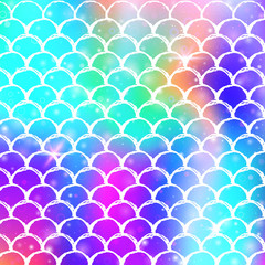 Fototapeta premium Kawaii mermaid background with princess rainbow scales pattern. Fish tail banner with magic sparkles and stars. Sea fantasy invitation for girlie party. Fluorescent kawaii mermaid backdrop.