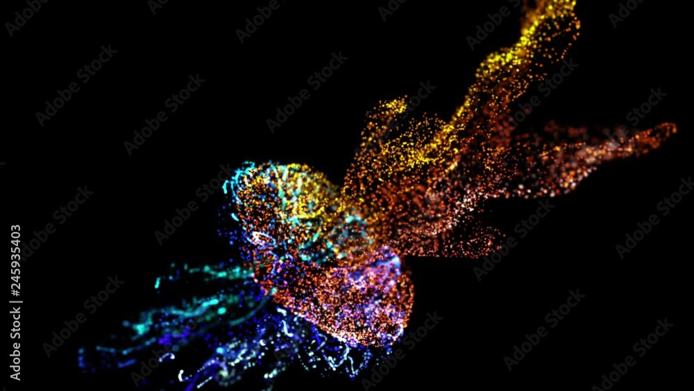 Poster collision of two streams of particles in 4k. ink effect advection. glitter in stream of invisible in