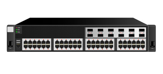 Managed 2U Ethernet switch for mounting with a 19-inch rack with 48 ethernet and 12 optical ports. Black colour, size 2u. Vector illustration.