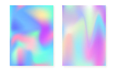 Holographic gradient background set with hologram cover. 90s, 80s retro style. Pearlescent graphic template for book, annual, mobile interface, web app. Retro minimal holographic gradient.