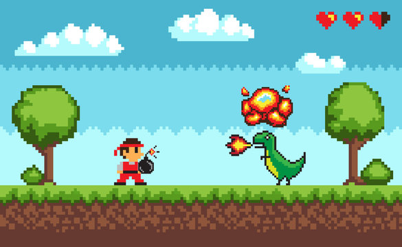 Pixel art game, design in 8 bit style character fighting against dragon with fire vector. Health lives points, man battle with dangerous creature