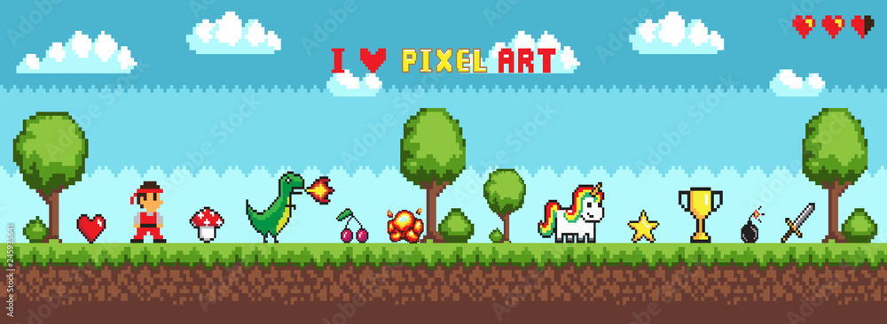 Poster pixel art style, character in game arcade play vector. man with sharp sword fighting against dragon,