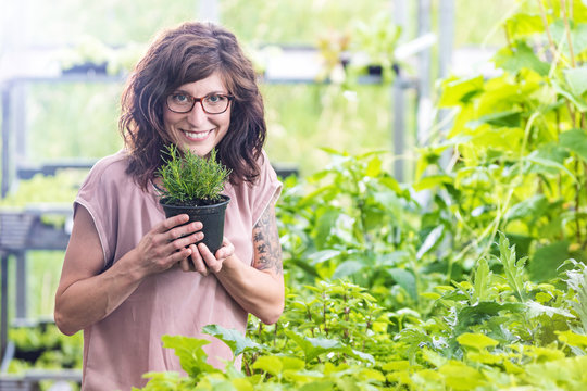 Fr&ouml;hlich l&auml;chelnde Frau in einer G&auml;rtnerei mit einem Topf Olivenkraut