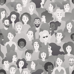 Black and white BW people silhouettes illustration seamless patterm