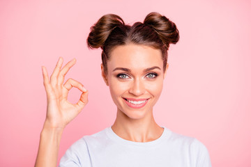 Close-up portrait of nice cute adorable attractive winsome lovely sweet cheerful cheery positive...