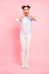 Fototapeta na wymiar Vertical full length body size view portrait of nice sweet adorable attractive slim fit thin cheerful amazed positive girl showing wow isolated over pink pastel background