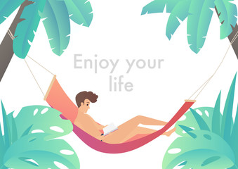 Man at beach hammock reading book and relaxing vector illustration.