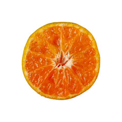 organic juicy tangerine orange color, sliced cut half show texture; closed up and top view isolated on white background with clipping path for design
