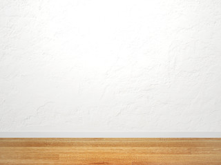 Empty stucco wall of white color and new parquet floor
