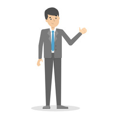 Businessman in suit standing and showing thumbs up