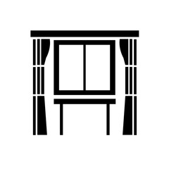 Curtain, window and table as kitchen or cafe interior isolated vector icon