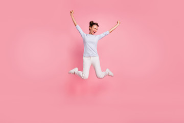 Fototapeta na wymiar Full length body size view portrait of her she nice lovely attractive pretty cheerful impressed crazy girl celebrating great success isolated over pink pastel background