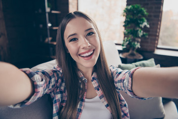 Close up photo of attractive positive glad magnificent gorgeous sweet teenager taking making self...
