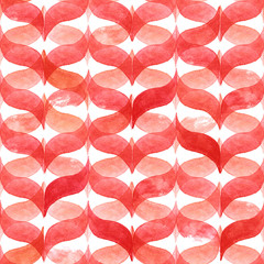 Watercolor orange red background with curved wavy gingham. Geometric seamless pattern