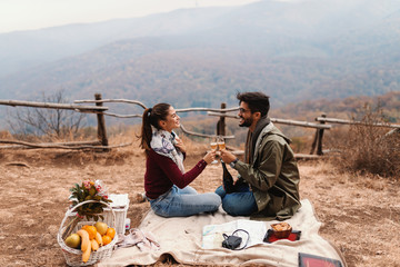 Couple celebrating anniversary on picnic. Couple sitting on blanket and cheering with wine. Autumn...
