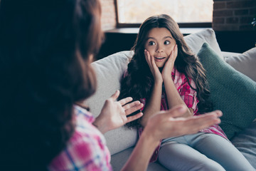 Portrait of nice adorable sweet attractive cheerful school girl sister listening to story teller...