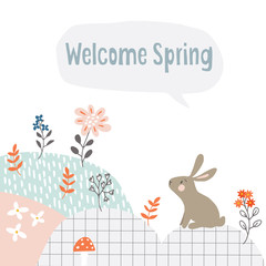 Cute Easter web banner with white rabbit, flowers and textured background. Spring greeting card, invitation. Kids design. Vector illustration, seasonal flat design.
