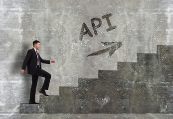 Business, technology, internet and networking concept. A young entrepreneur goes up the career ladder: API