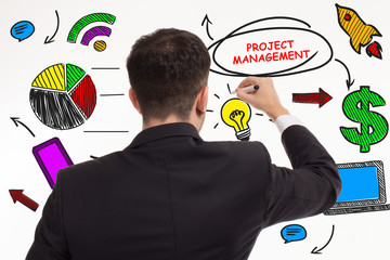 Business, technology, internet and networking concept. Young entrepreneur showing keyword: Project...