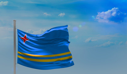 Flag of Aruba on cloudy sky. 3D illustration