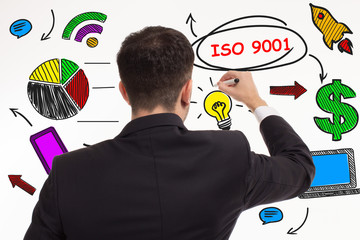 Business, technology, internet and networking concept. Young entrepreneur showing keyword: ISO 9001