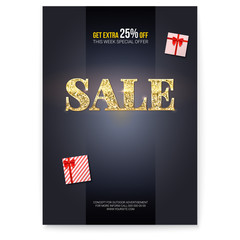 Sale. Ad poster with golden glittering text Sales and gift boxes. Box for presents wrapped in stripped paper and tied red ribbon. Get extra discount twenty five percent off.