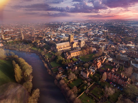 Worcester UK Aerial View at Sunrise, Worcestershire