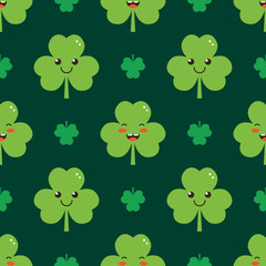 Cute and smiling cartoon shamrock, clover leaves characters seamless pattern background for St. Patrick's Day design.
