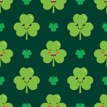 Cute and smiling cartoon shamrock, clover leaves characters seamless pattern background for St. Patrick's Day design.
