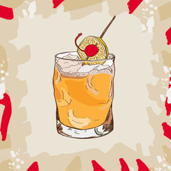 Whiskey sour cocktail illustration. Alcoholic bar drink hand drawn vector. Pop art - 245943883