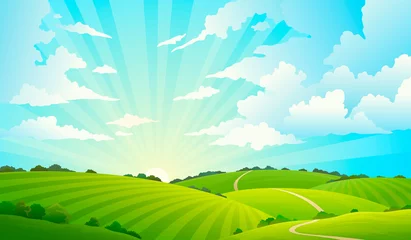 Foto op Canvas Velden landschap. Schilderachtige groene heuvels natuur lucht horizon weide grasveld landelijk land landbouw grasland © YummyBuum
