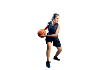 Young asian girl playing basketball