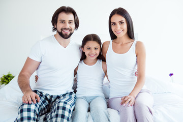 Portrait of nice cute sweet adorable charming lovely attractive cheerful cheery people sitting on...