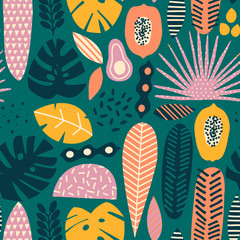 Modern exotic tropical fruits and plants seamless pattern in vector
