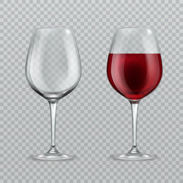 Realistic wineglass. Empty and with red wine wineglasses isolated glassware vector illustration