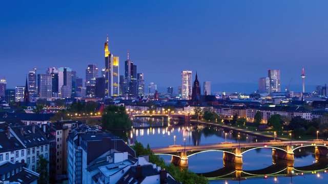 city timelapse from night to day,view of frankfurt skyline business financial area