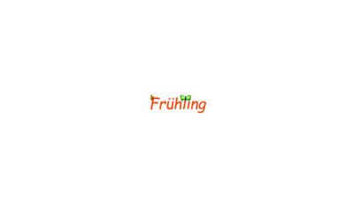 Schriftzug Frühling Orange: mit grün - blauen und rot - gelben Schmetterlinge ohne Schatten