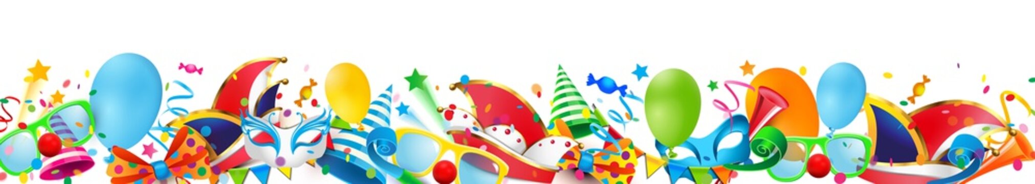 Banner Bord&uuml;re mit bunten Fasching Narren Accessoires, Konfetti und Luftballons